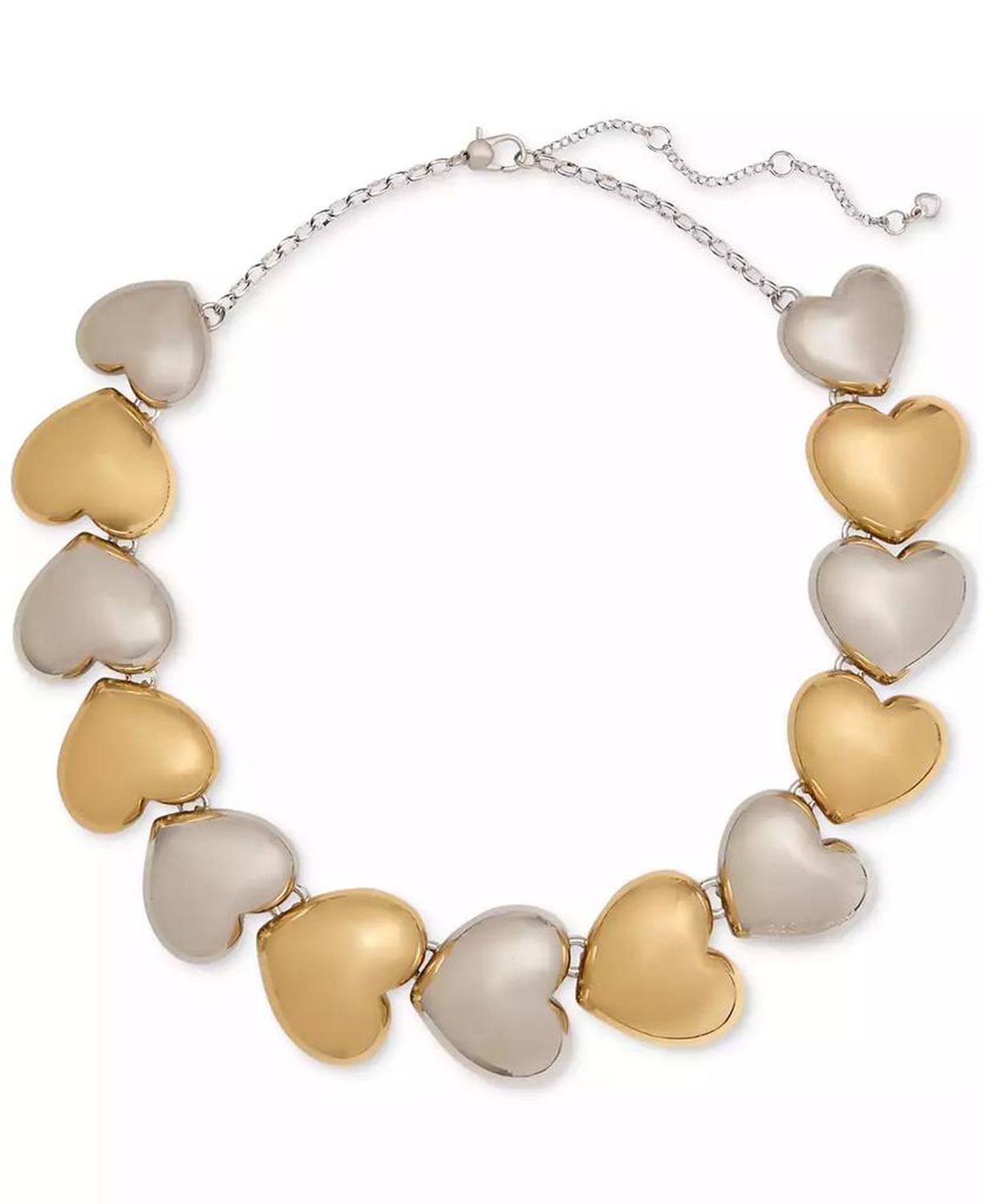 Two-Tone Large Graduated Alternating Heart Collar Necklace, 17" + 3" extender