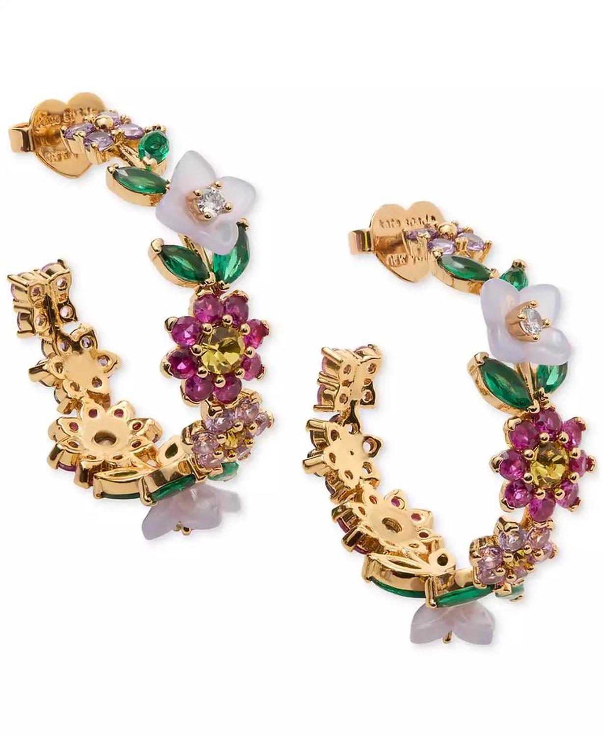 Gold-Tone Medium Mixed Stone Flower Hoop Earrings, 1.49"