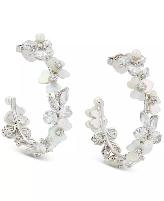 Silver-Tone Medium Cubic Zirconia, Imitation Pearl & Mother-of-Pearl Flower C-Hoop Earrings, 1.63"