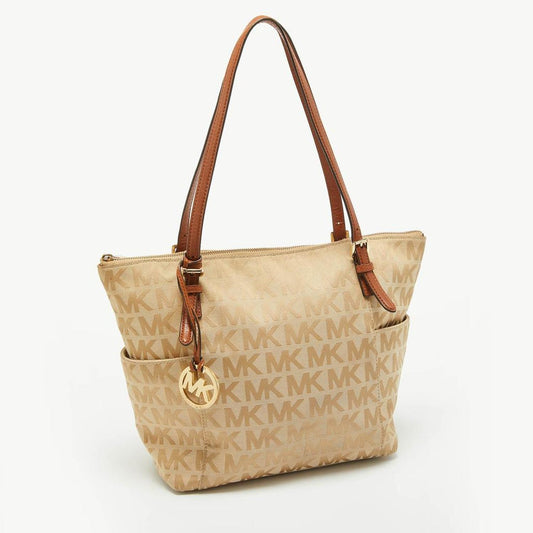 Michael Kors Beige/brown Signature Canvas And Leather Jet Set Top Zip Tote