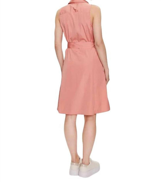 Sleeveless Belted Cotton Dress In Peach Pink