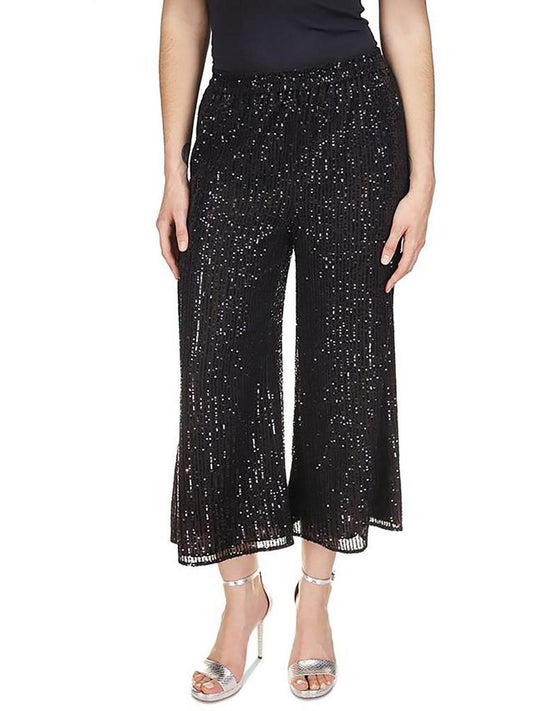 Petites Womens Sequined Wide Leg Cropped Pants