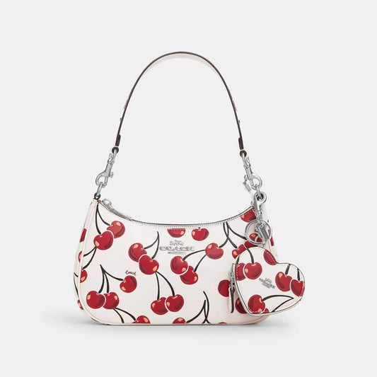 Heart Coin Pouch Bag Charm With Cherry Print