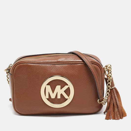 Brown Leather Logo Camera Crossbody Bag