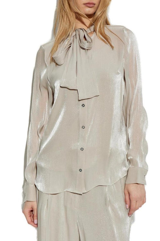 Michael Michael Kors Crinkled Metallic Georgette Tie-Neck Blouse