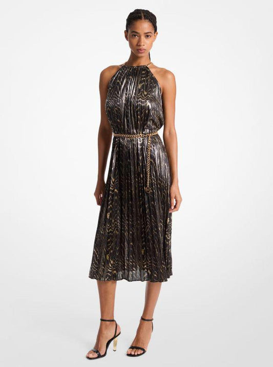 Pleated Metallic Halter Dress