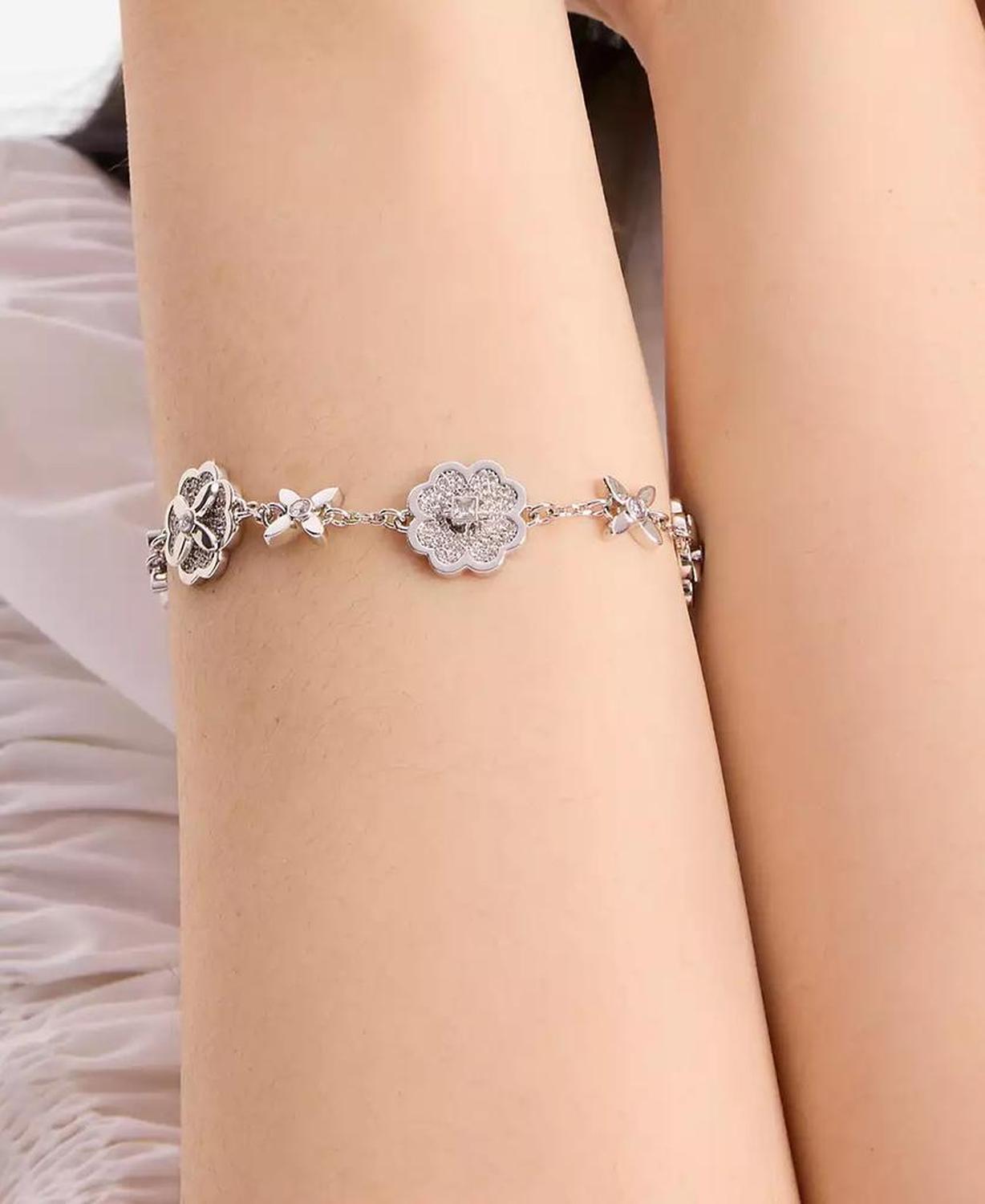 Silver-Tone Pavé Flower Charm Flex Bracelet