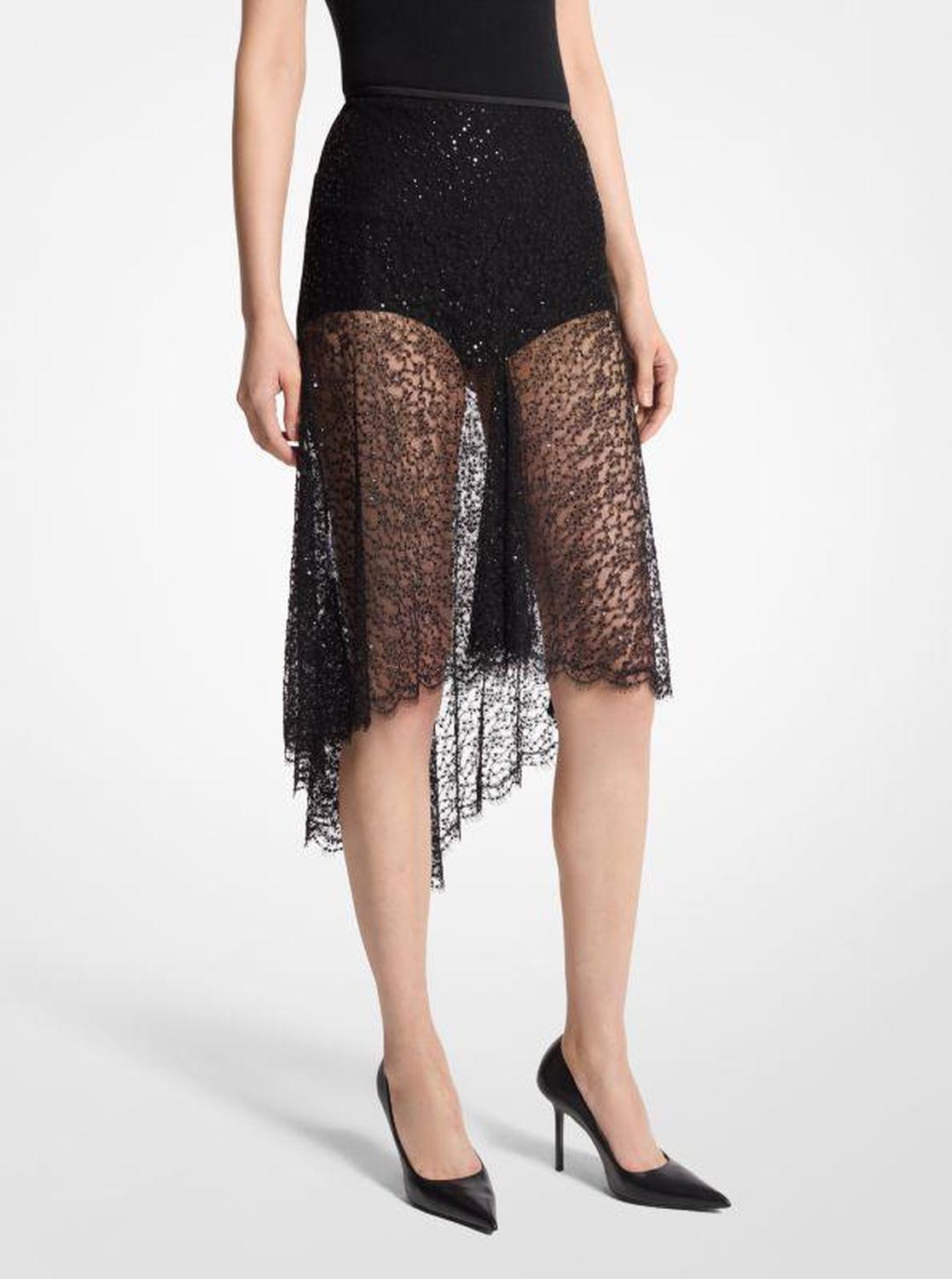 Hand-Embroidered Sequin Chantilly Lace Skirt