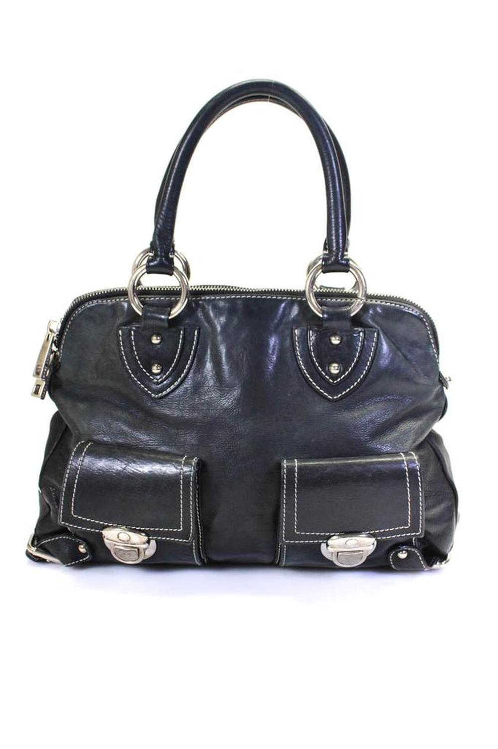 Marc Jacobs Womens Faded Black Leather Zip Medium Satchel Bag Handbag