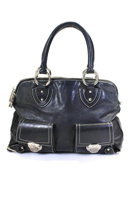 Marc Jacobs Womens Faded Black Leather Zip Medium Satchel Bag Handbag