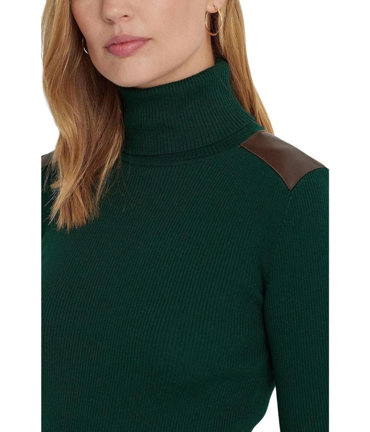 Petite Faux Leather Trim Ribbed Turtleneck