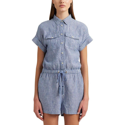 Pinstripe Linen Shorts-Sleeve Romper