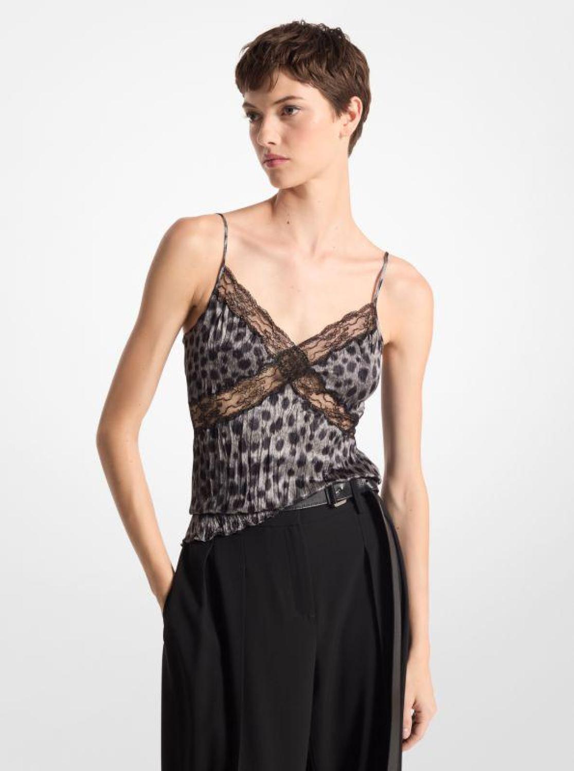 Lace Trim Cheetah Print Crushed Silk Charmeuse Tank Top