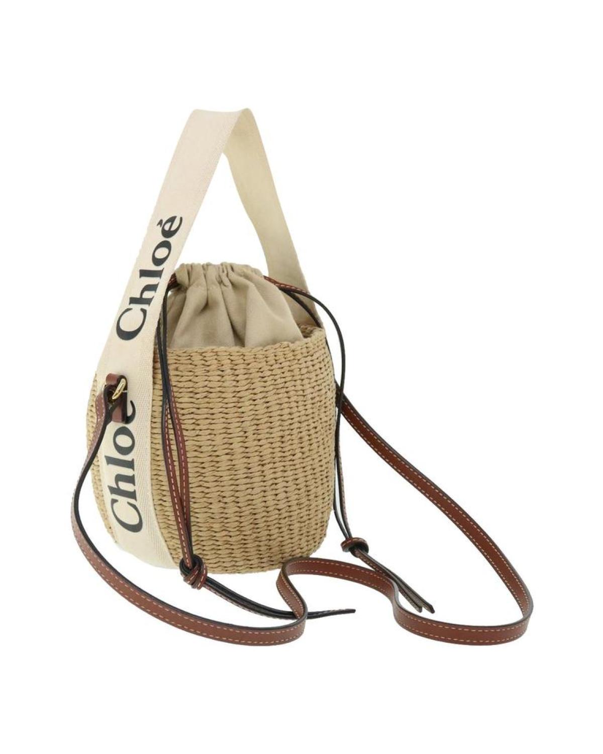 Chloe Small Woody Shoulder Bag straw Beige 03-21-68-65 Auth 49911