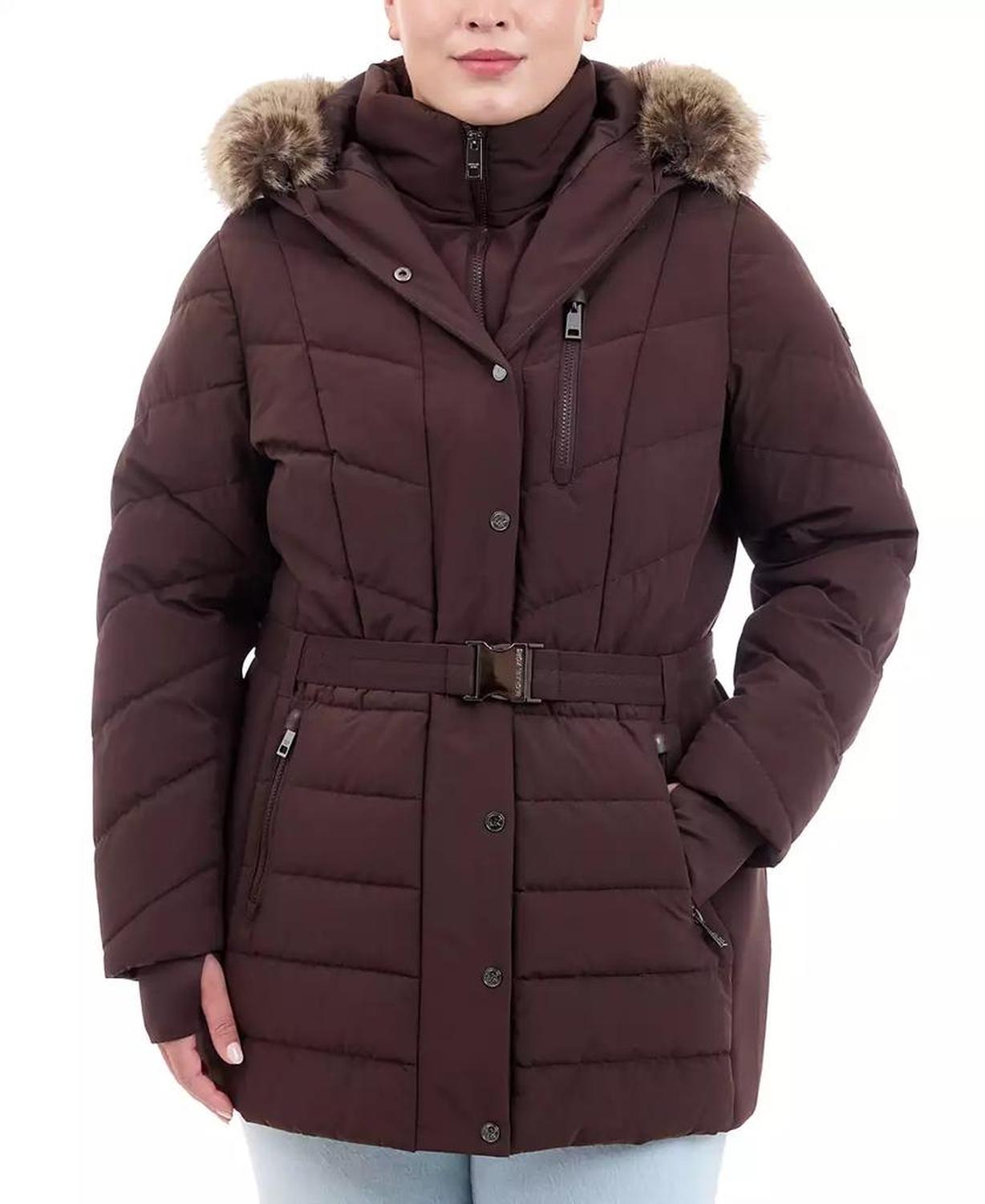 Plus Size Belted Faux-Fur-Trim Hooded Puffer Coat