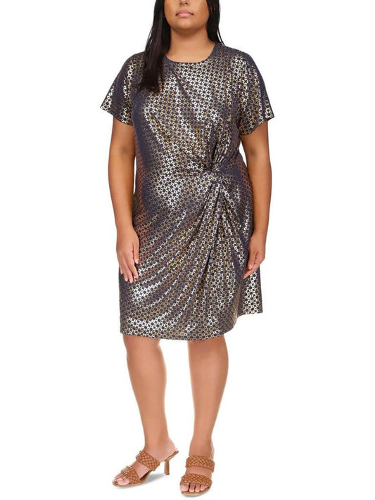 Plus Womens Metallic Foil Print Sheath Dress