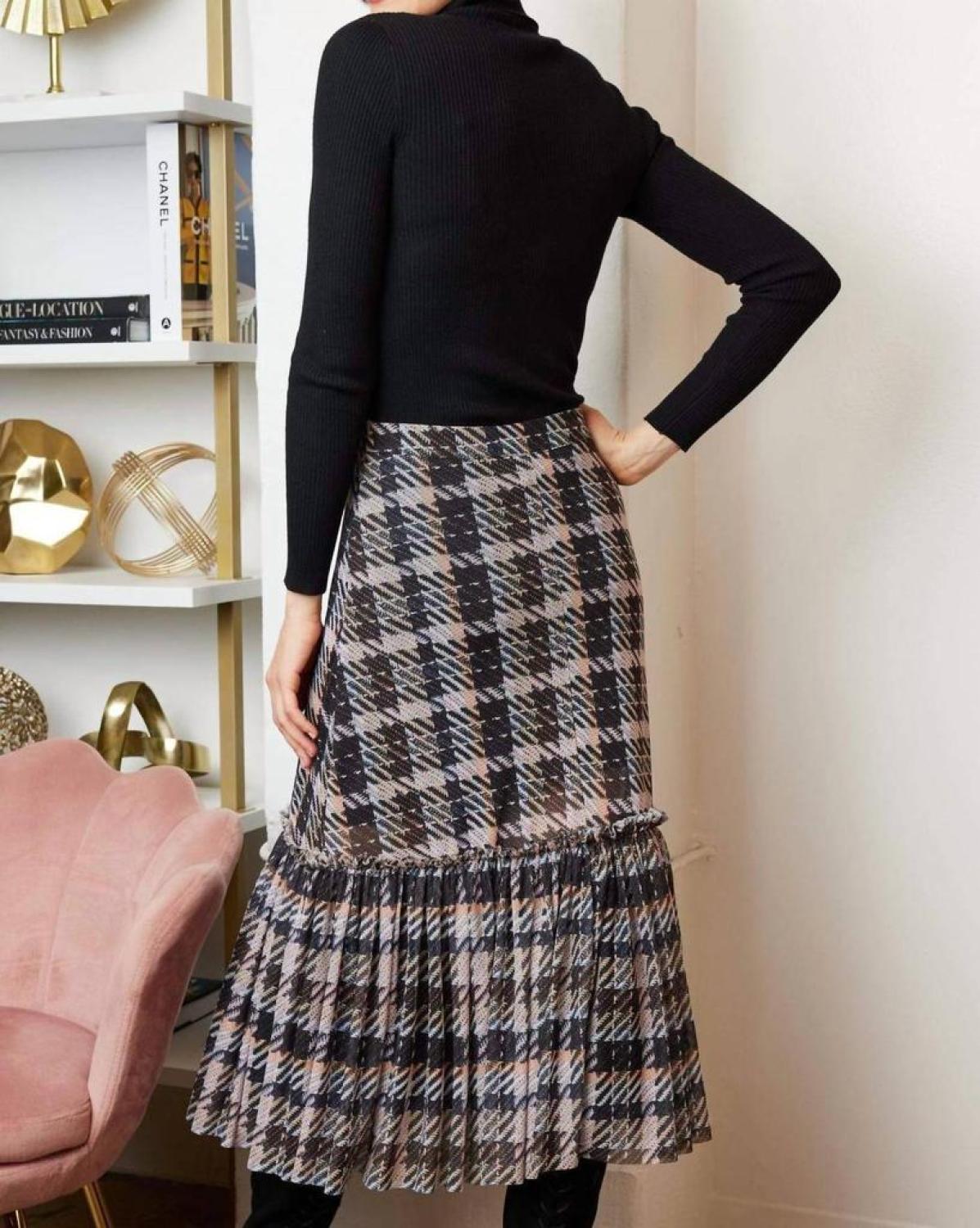 Kym Flounced Midi Skirt In Pink And Grey Plaid