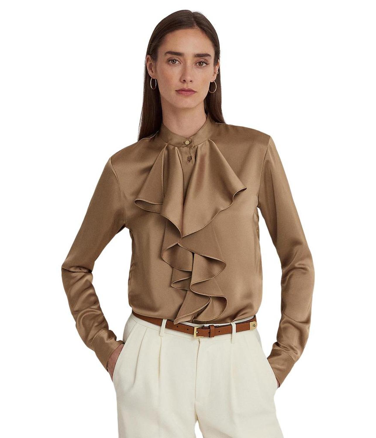 Ruffle-Trim Satin Charmeuse Shirt