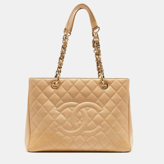 Chanel Beige Quilted Caviar Leather Grand Shopper Tote