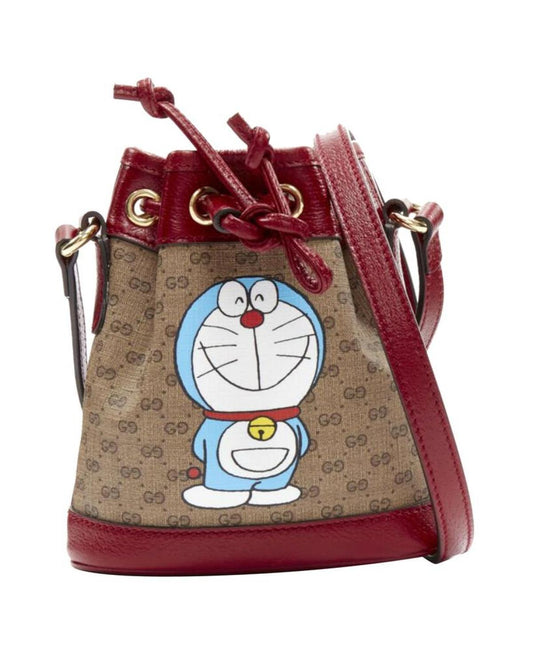 new GUCCI DORAEMON 2021 Limited GG Supreme red drawstring crossbody bucket bag