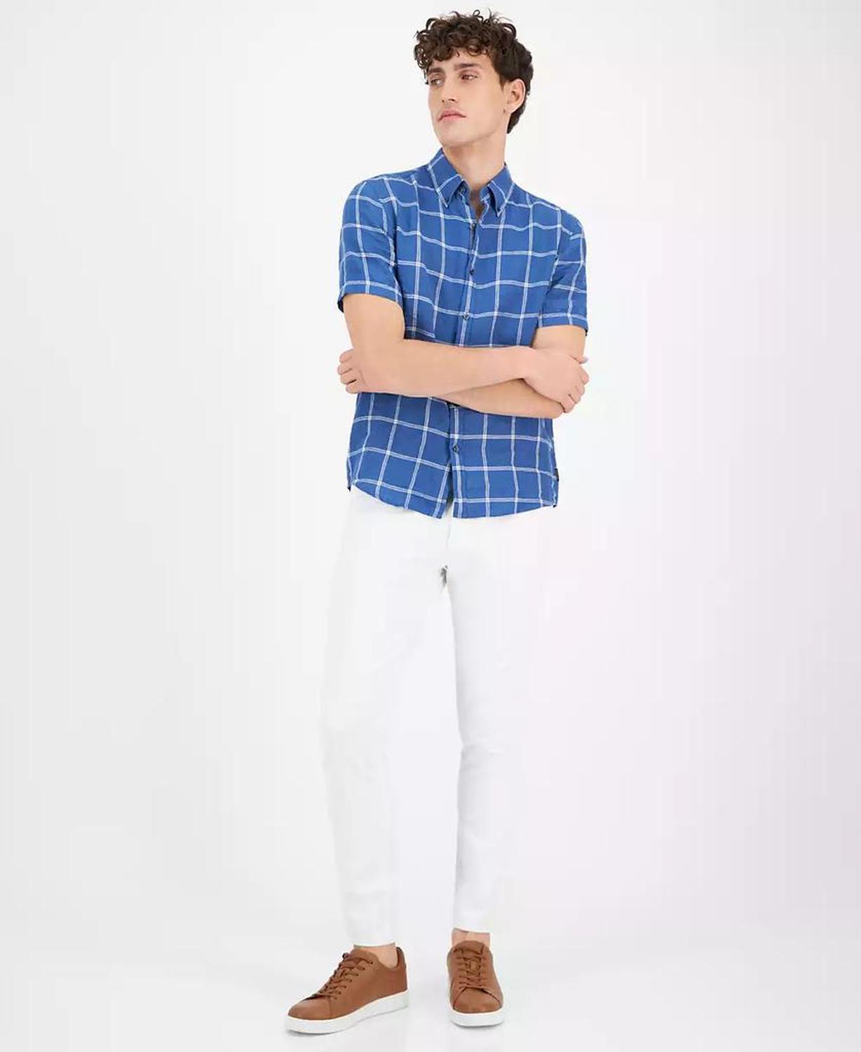 Men's Short-Sleeve Plaid Linen Button-Down Shirt