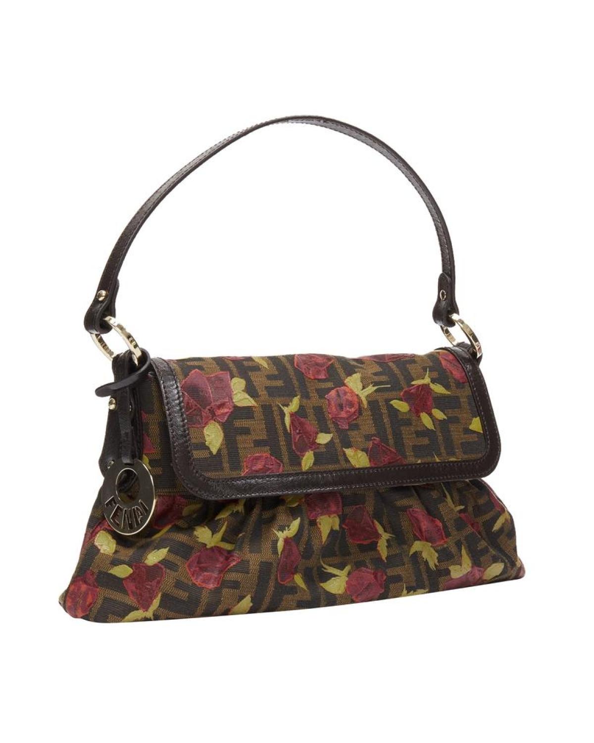 FENDI Chef red rose print brown FF Zucca canvas leather shoulder bag