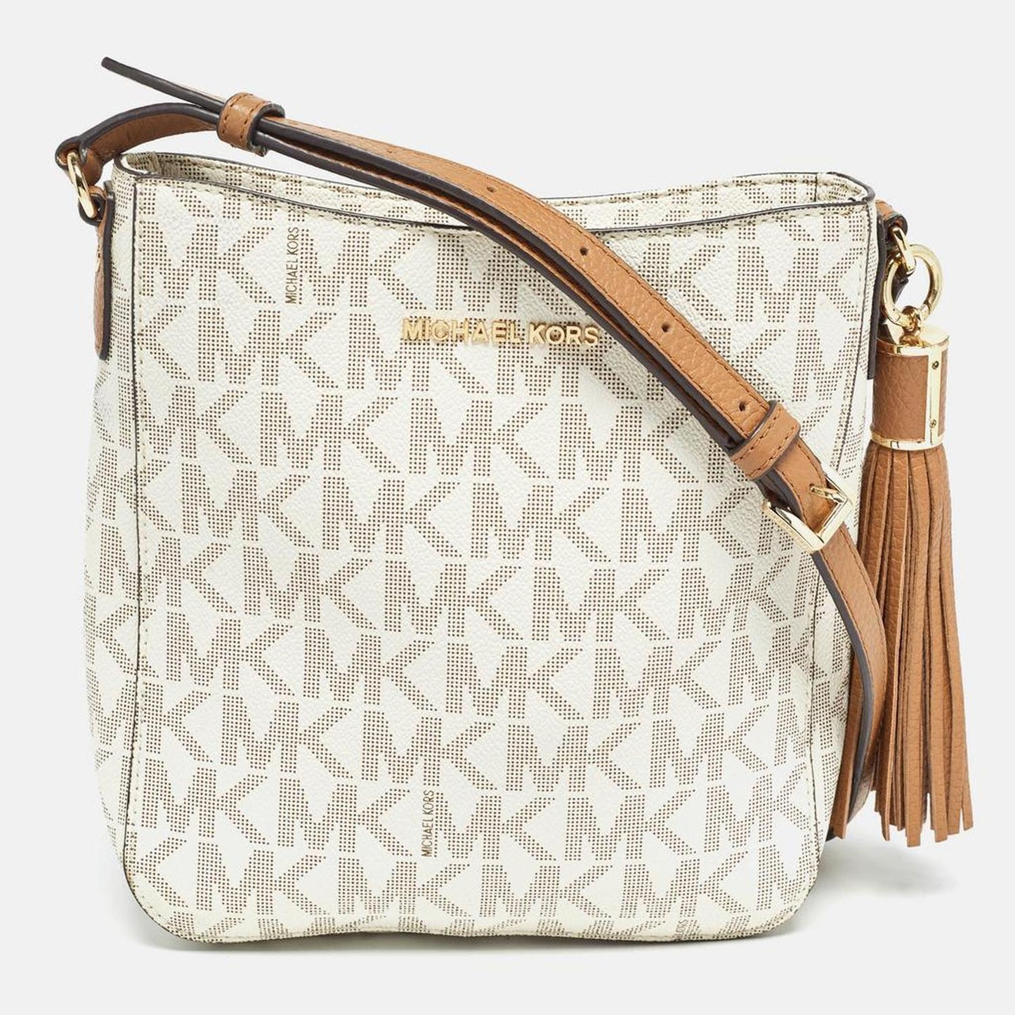 Michael Kors White Signature Coated Canvas And Leather Tassel Messenger Bag