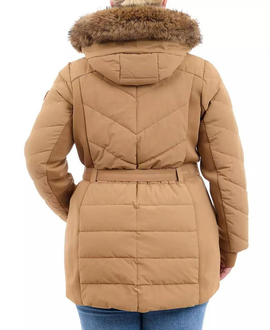 Plus Size Belted Faux-Fur-Trim Hooded Puffer Coat