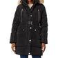 Belted Faux Fur 3/4 Length Puffer Coat In Black