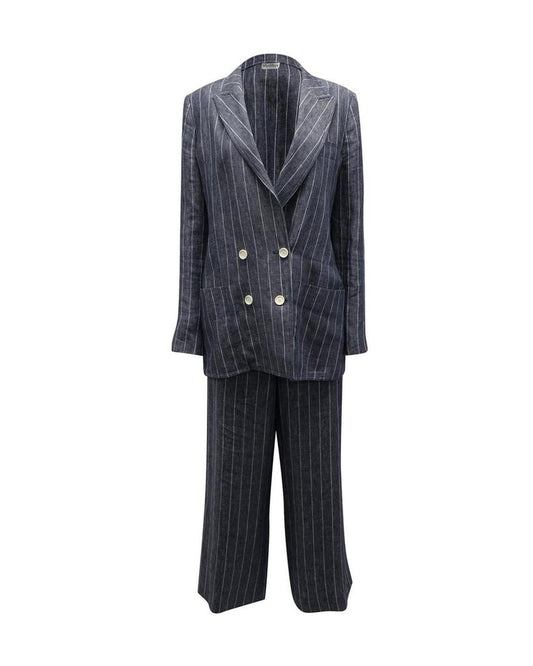 Max Mara Striped Double-Breasted Suit Set in Dark Grey Linen