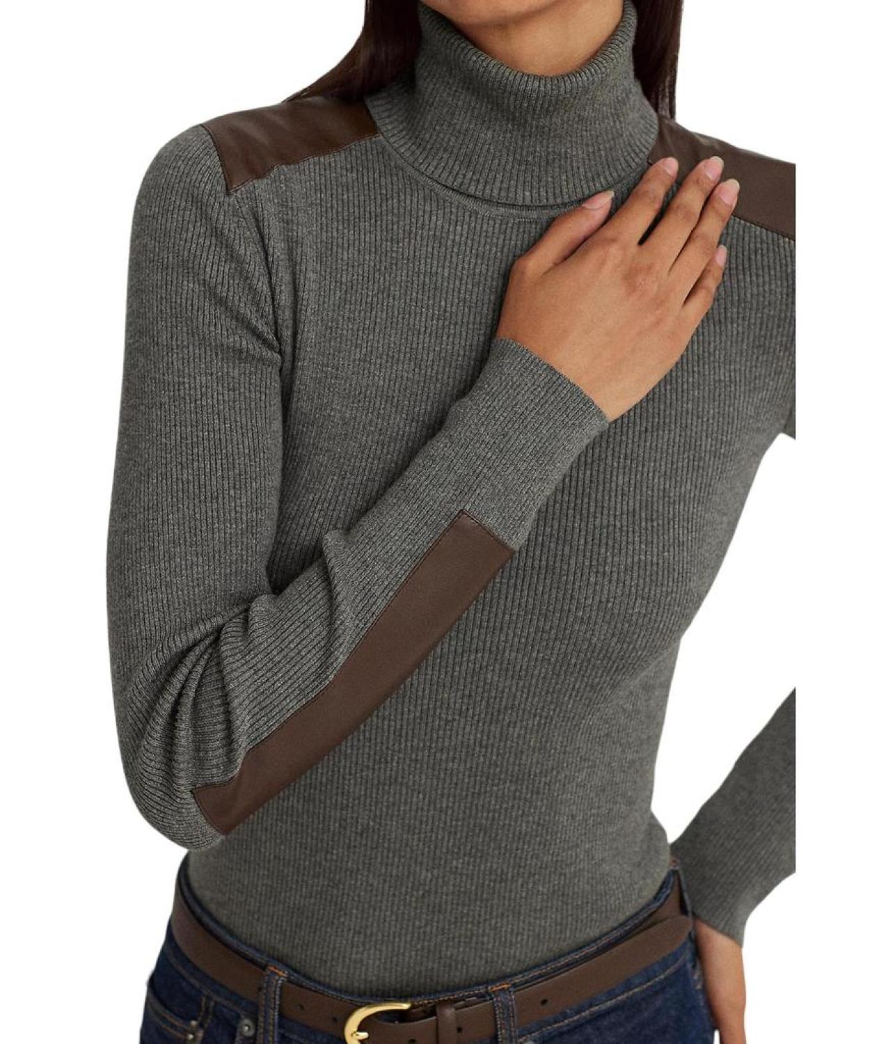 Petite Faux Leather Trim Ribbed Turtleneck