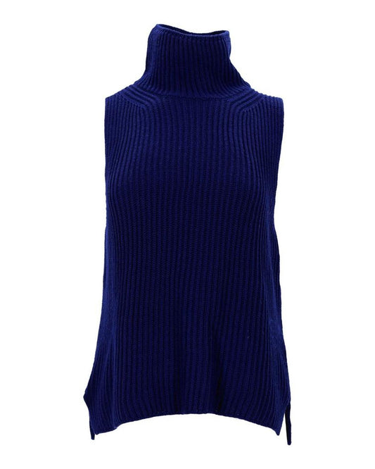 Weekend Ribbed Sleeveless Turtleneck Top in Navy Blue Wool