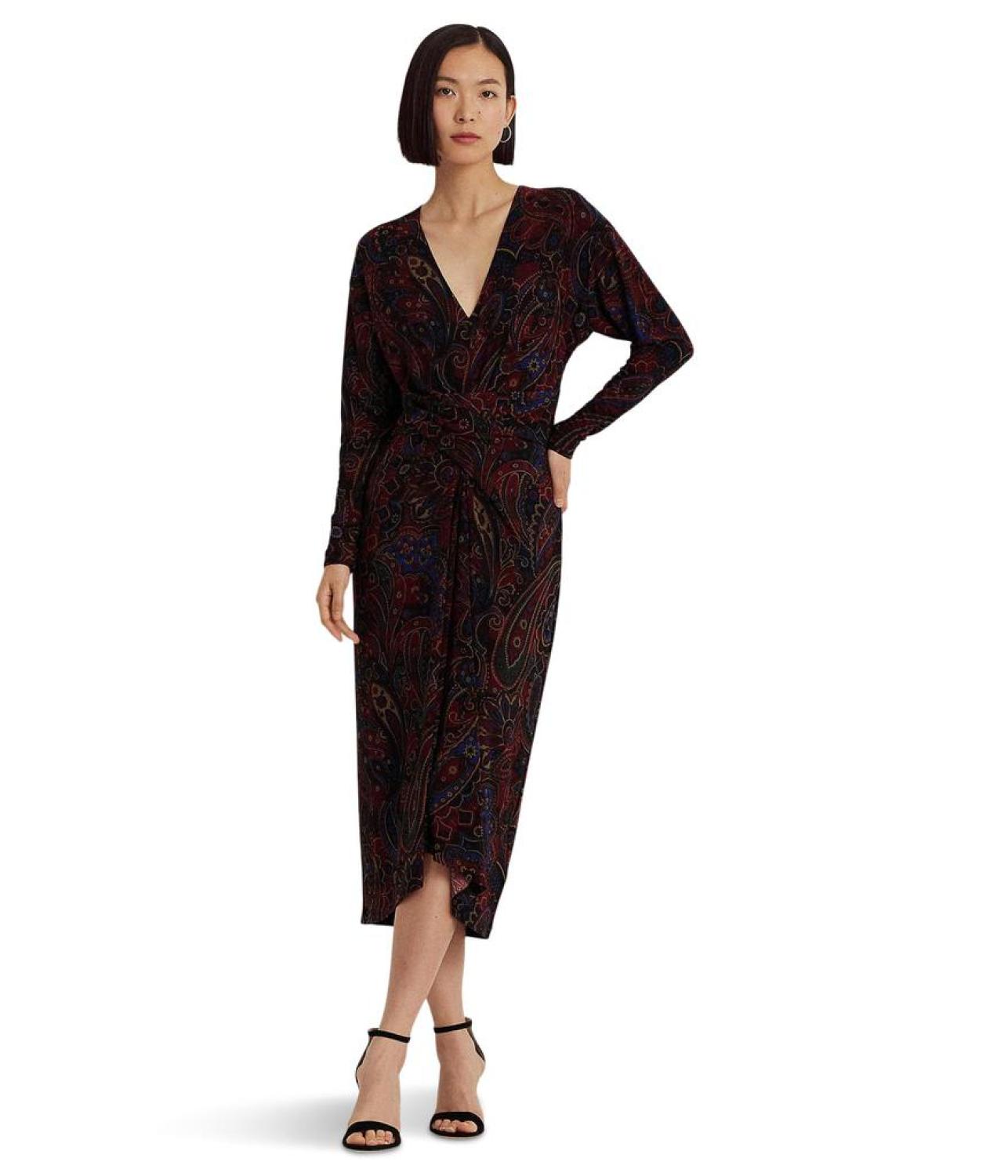 Checked Paisley Twist-Front Jersey Dress