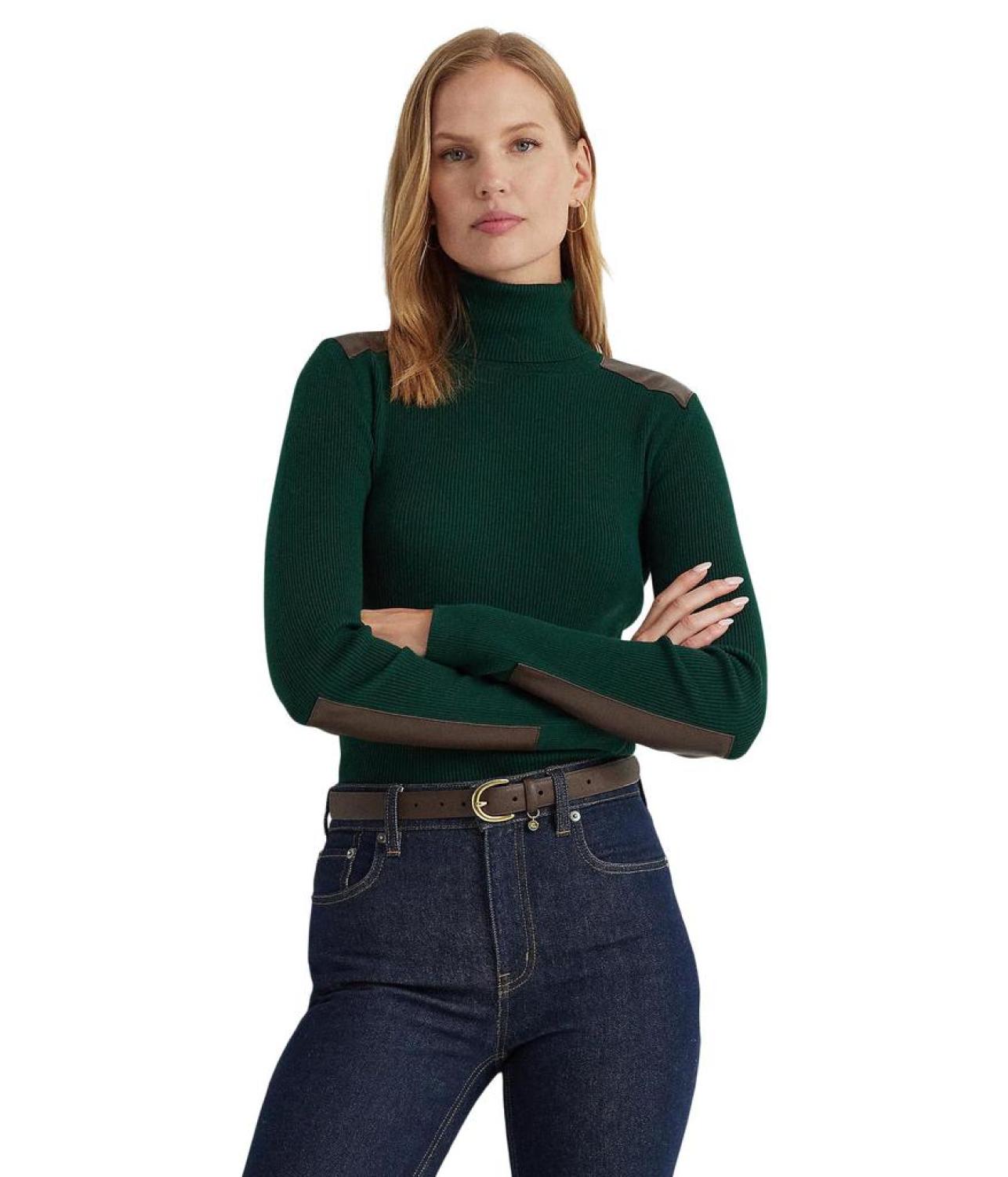 Petite Faux Leather Trim Ribbed Turtleneck