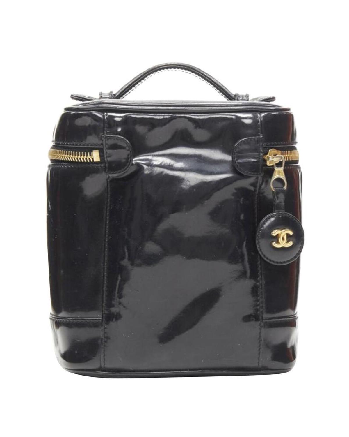 CHANEL Vintage black patent leather CC logo top handle Vanity bag