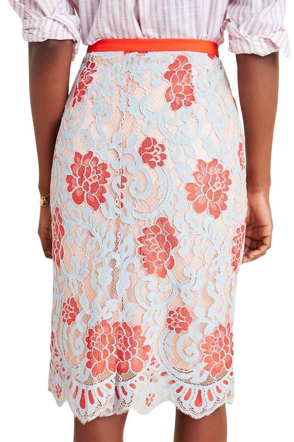 Pencil-Style Floral Skirt In Pale Blue/red