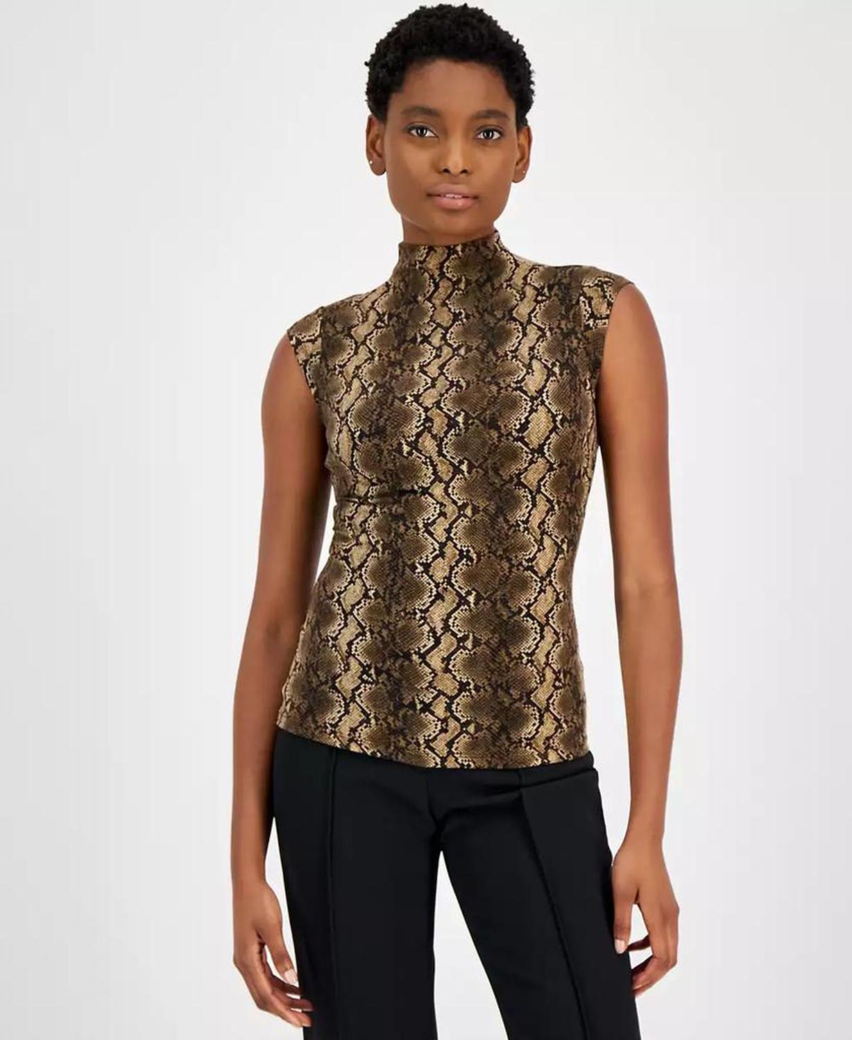 MICHAEL Women's Snake-Print Funnel-Neck Top