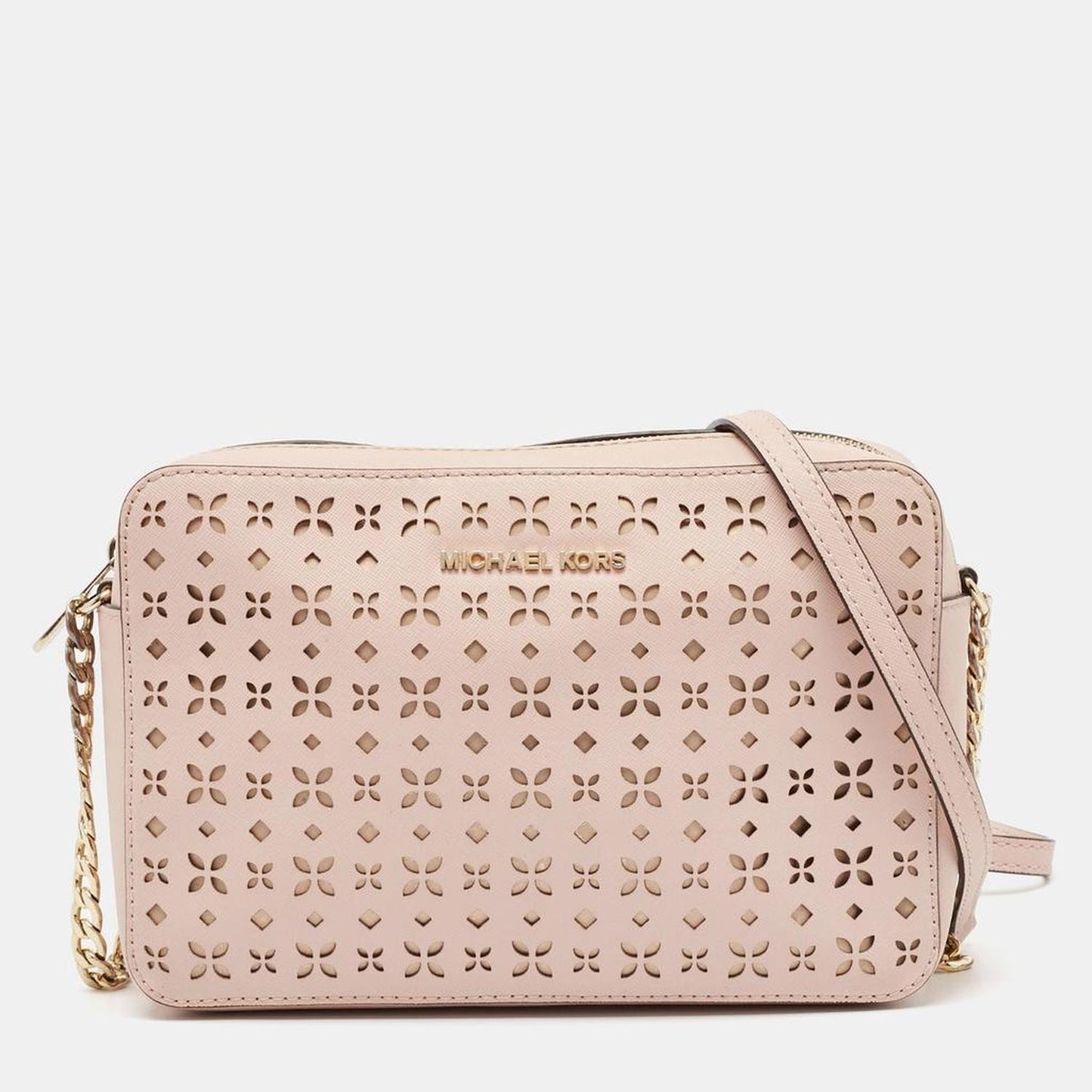 Light Pink Leather Lasercut East West Crossbody Bag