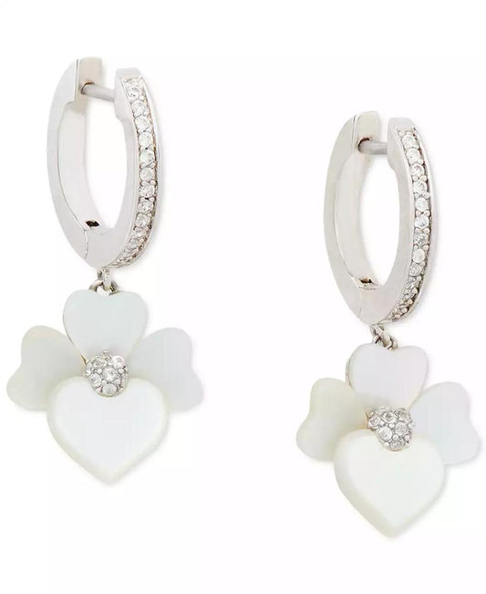 Silver-Tone Pavé & Mother-of-Pearl Flower Charm Hoop Earrings