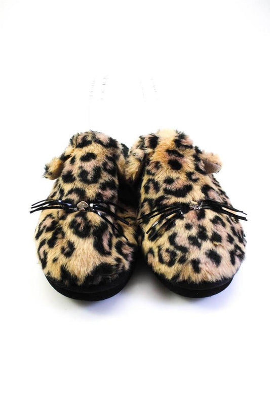 Kate Spade New York Womens Leopard Kitty Faux Fur Slippers Brown Black