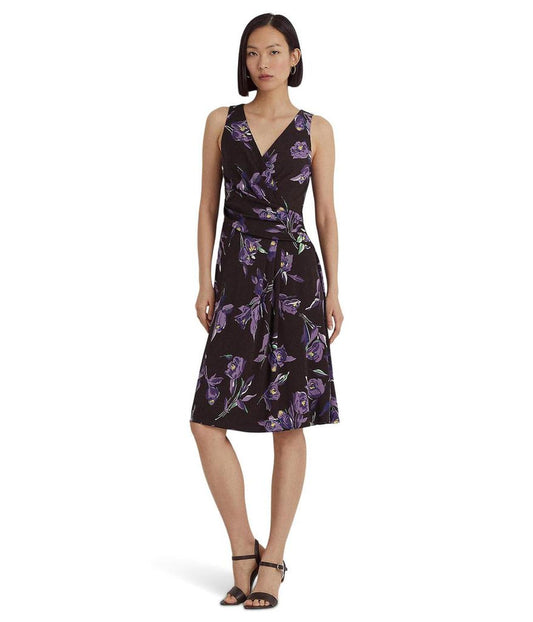 Floral Surplice Jersey Sleeveless Dress