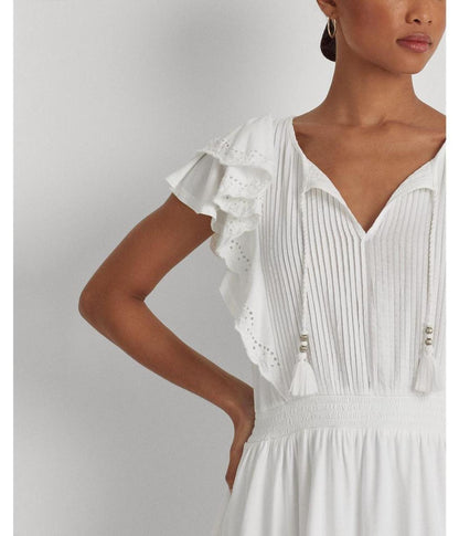 Petite Eyelet-Embroidered Jersey Tie Neck Dress