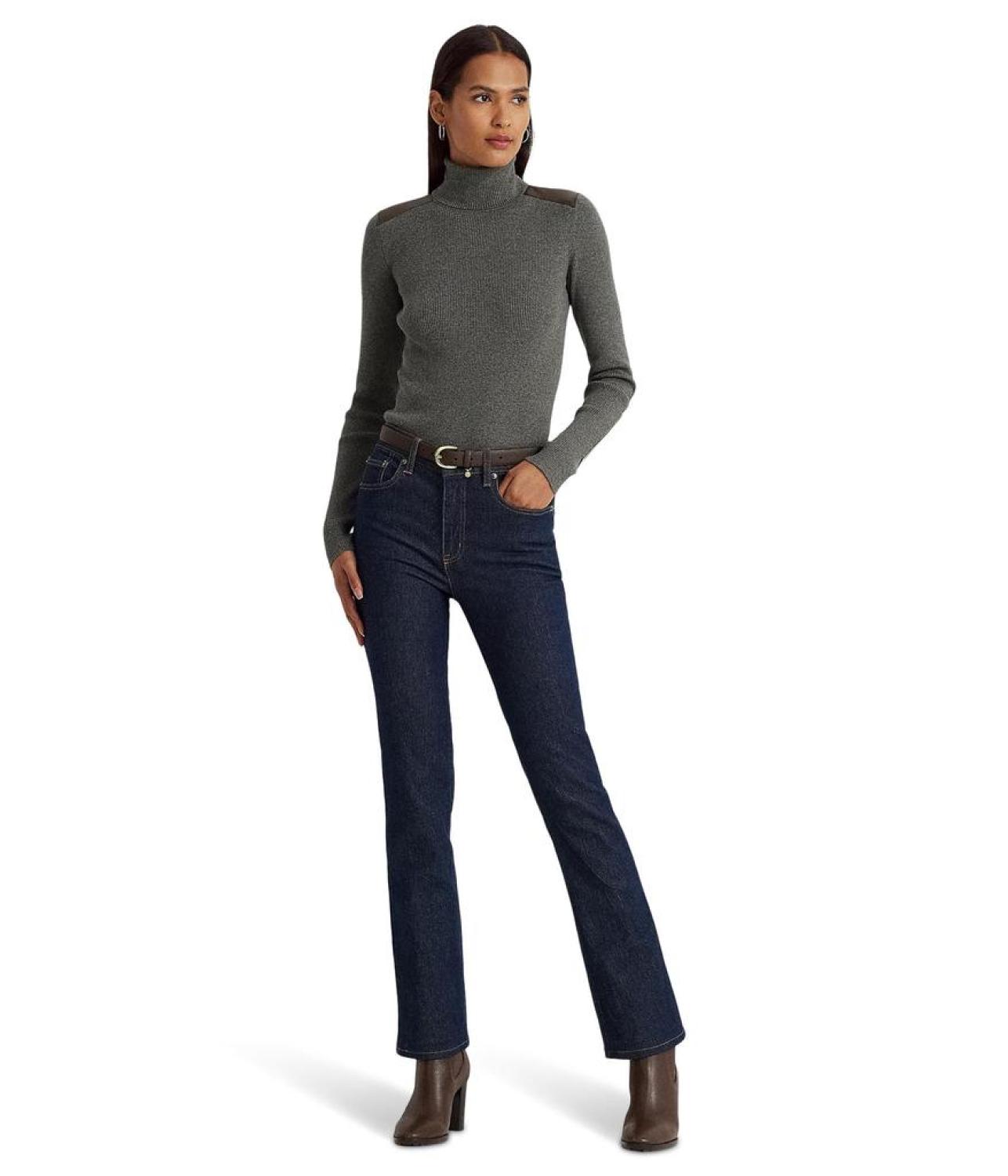 Petite Faux Leather Trim Ribbed Turtleneck