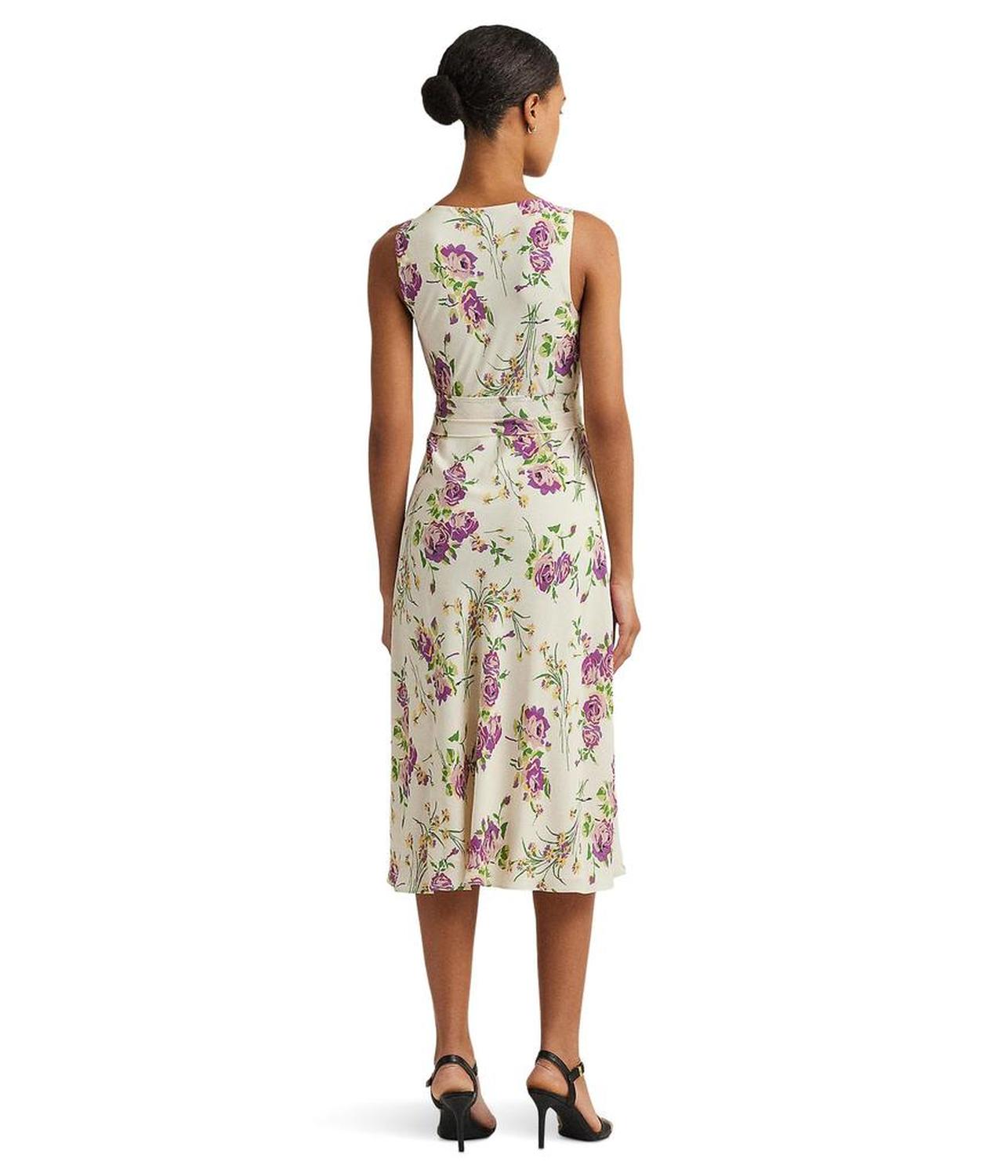 Floral Belted Crepe Sleeveless Dress