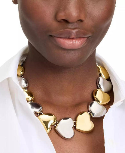 Two-Tone Large Graduated Alternating Heart Collar Necklace, 17" + 3" extender