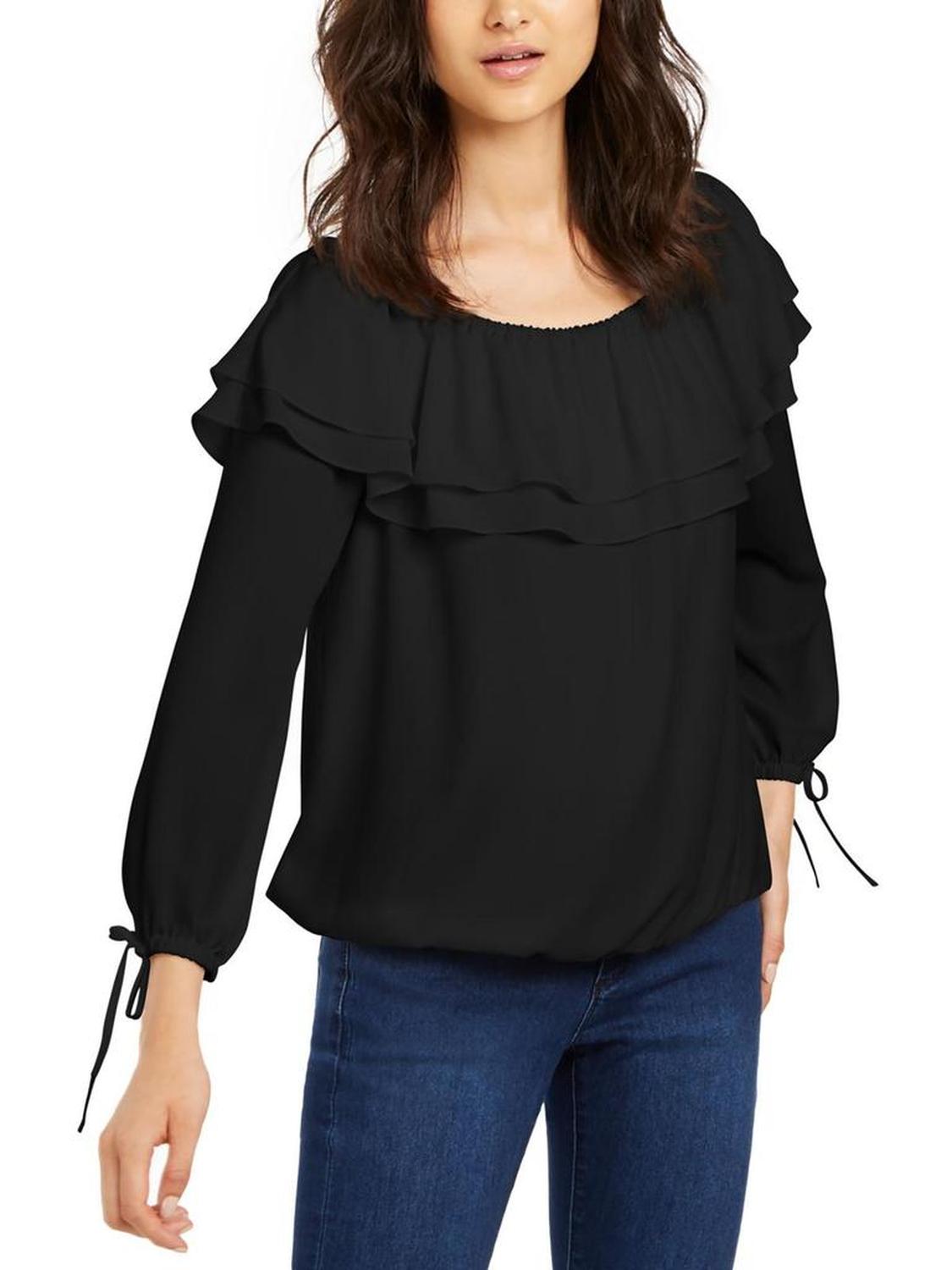 Petites Womens Ruffled Peasant Blouse