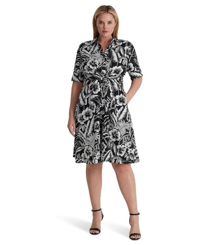 Plus Size Floral Tie Front Linen Shirtdress