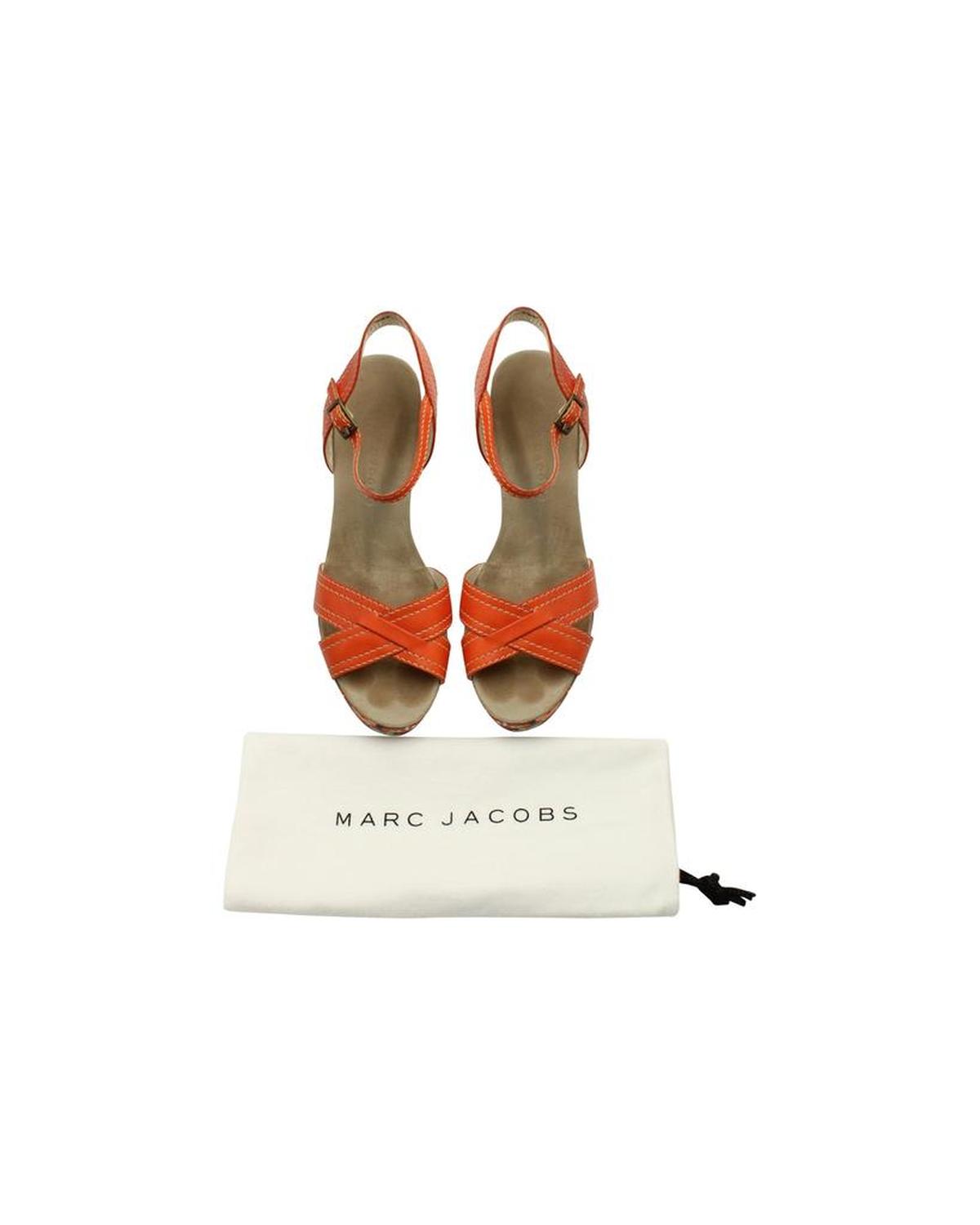 Marc Jacobs Floral Wedge Sandals in Orange Leather