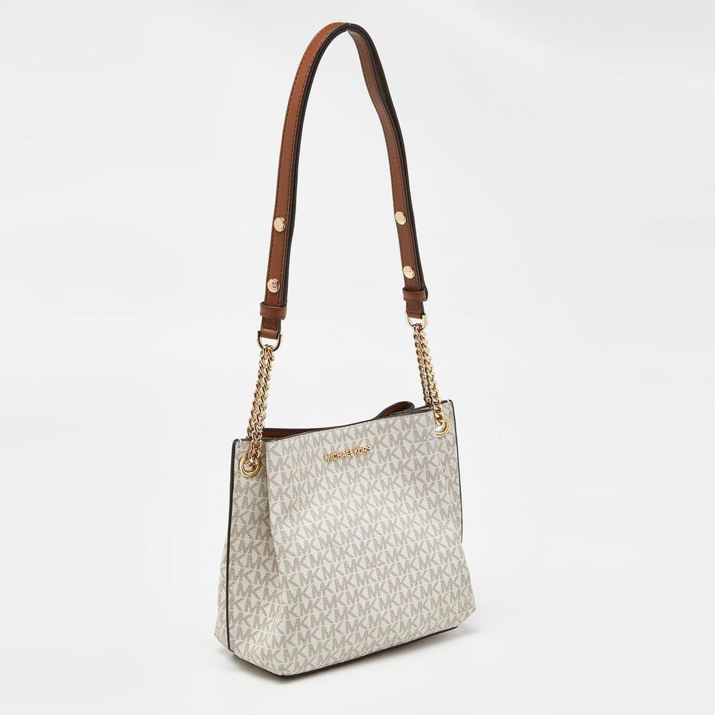 Michael Kors White/brown Signature Coated Canvas And Leather Small Teagen Bag