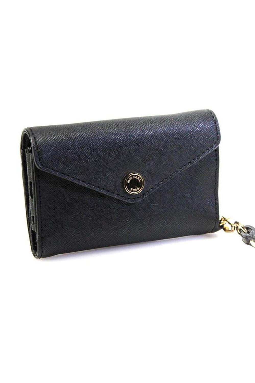 Michael Kors Womens Button Flap Saffiano Leather Wristlet Wallet Black